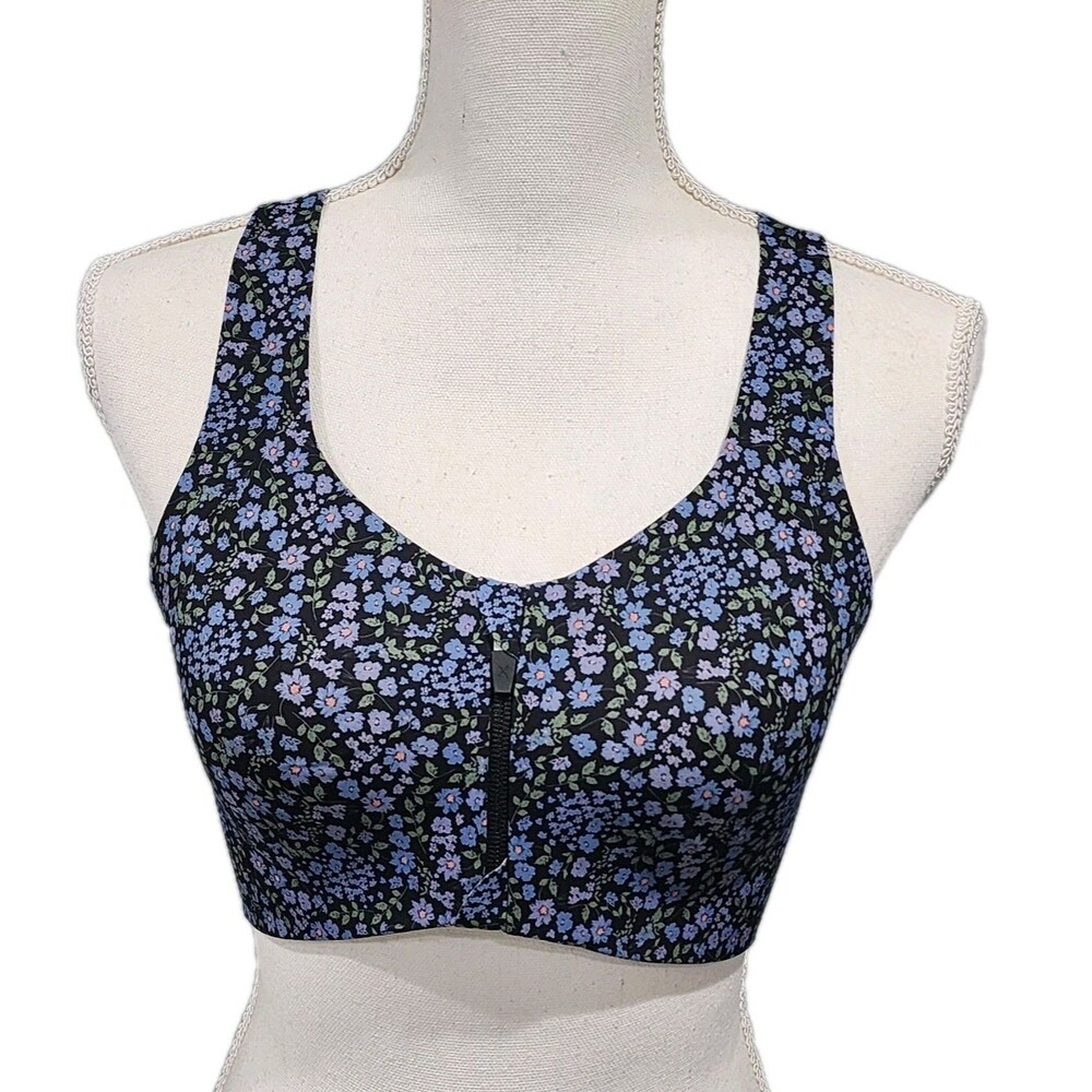 Knix Women's High Support Catalyst Front Zip Sports Bra Blue Floral Sizes 4
